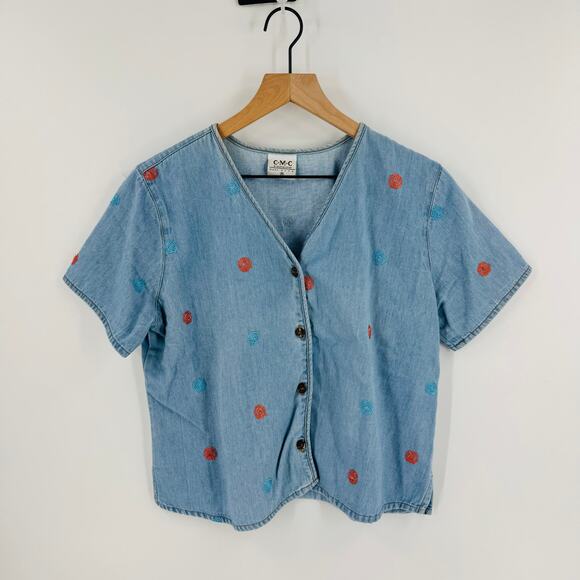 Vintage 90s CMC Embroidered Denim Chambray Button Down Short Sleeve Shirt Size M - Picture 6 of 6